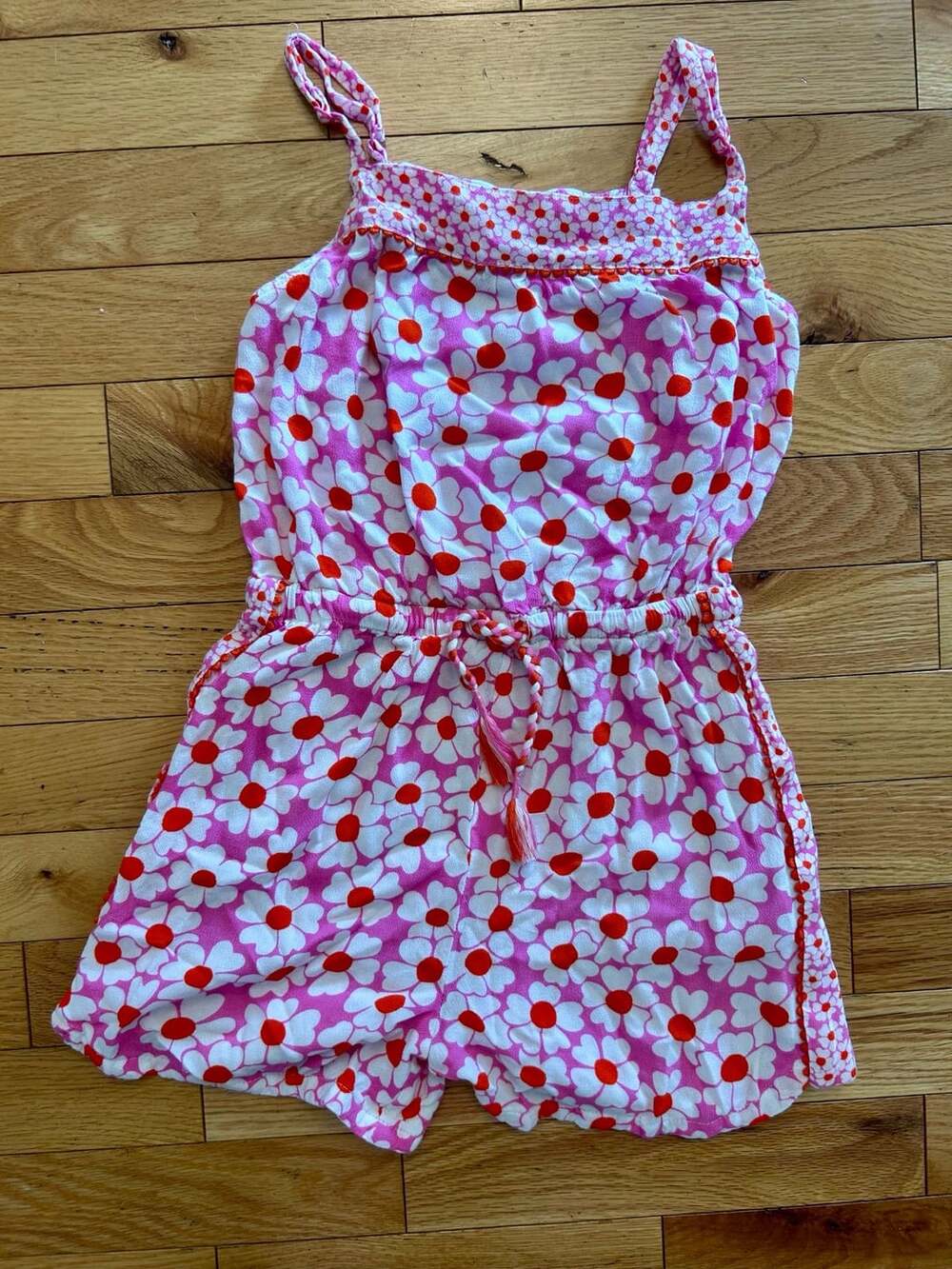 Mini Boden Floral Romper Size 8-9Y Pink White Red Daisy Drawstring Shorts